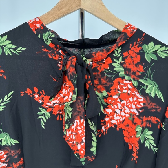 Black Red Floral Tie Bow Neck Maxi Long Dress Sheer Long Sleeve size 14 NWT - Picture 4 of 11